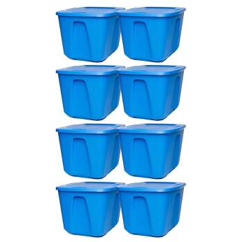 3 plastic storage bins: Green homz 32 gallon, blue 122 quart, Gray 30 gallon