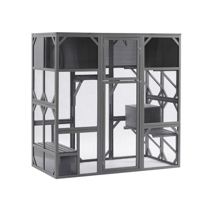 Outdoor Wooden Cat House Catio Enclosure With Super Large Enter Door Cat Kennel With Bouncy Bridge, Platforms And Small Houses For Kitten Cat