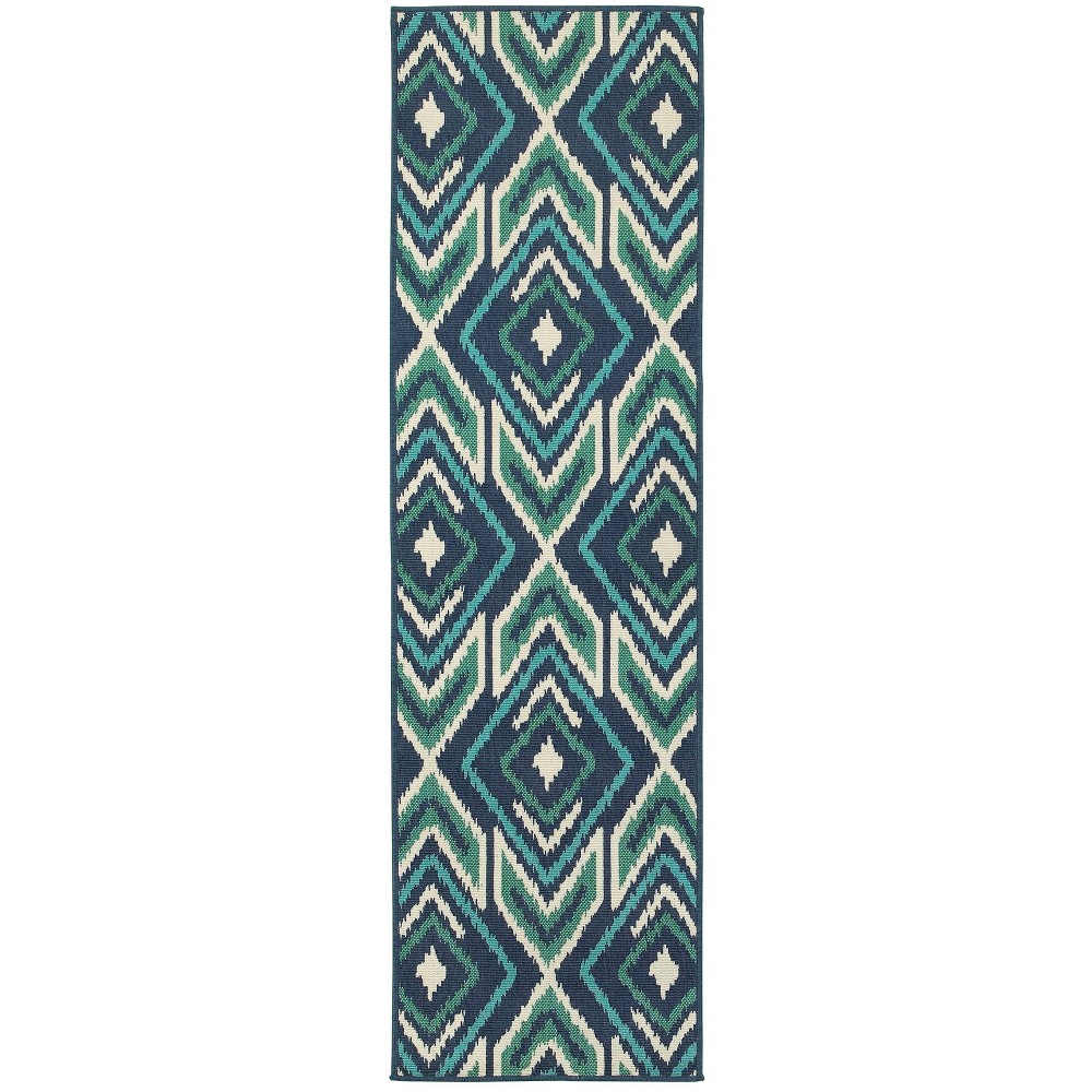 2'3inx7'6in Marco Floral Medallion Patio Rug Navy/Green - Captiv8e Designs