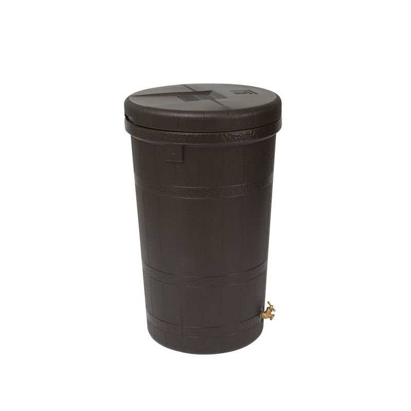 Good Ideas Aspen 50 Gallon Capacity Outdoor Rain Barrel Water Storage Collector Saver with Brass Spigot and Removable Lid, Oak Brown, 1 of 7