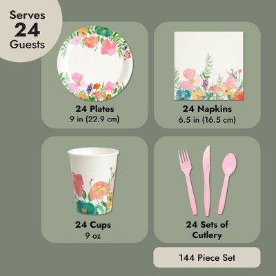 Floral Watercolor Disposable Tea Party Set, 144 Pieces