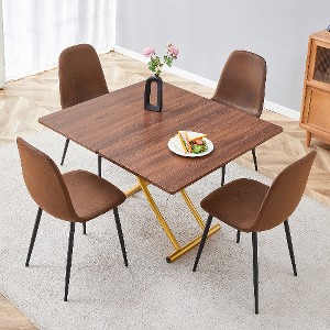 Lyngins 5-Piece Modern Lift Table Set – White Textured Sticker MDF Desktop, Golden Metal Legs & 4 Chairs, Multifunctional Coffee/Dining/Bar Table Set - 1 of 4