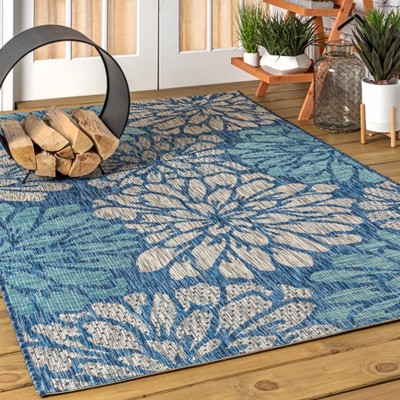 Navy and Aqua Floral Flat Woven Indoor/Outdoor Rug