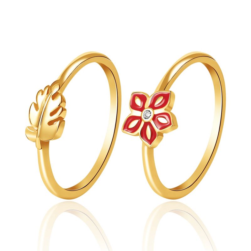 Disney Womens Moana 18K Gold Plated Sterling Silver Stackable Ring Set, Flower and Leaf - Size 7, 4 of 6