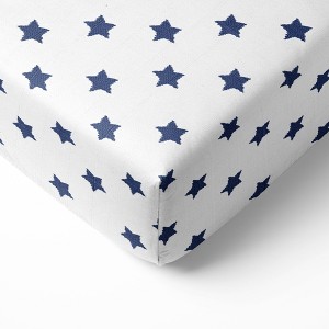 Bacati - Stars Navy Muslin 100 percent Cotton Universal Baby US Standard Crib or Toddler Bed Fitted Sheet - 1 of 4