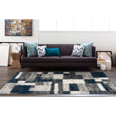 Navy and Gray Rectangular Synthetic Shag Area Rug 7'10" x 10'