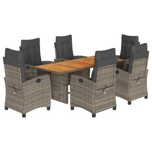 vidaXL 7 Piece Patio Dining Set - Gray PE Rattan & Acacia Wood Tabletop, Adjustable Reclining Chairs with Cushions for Garden, Backyard, Patio - 1 of 4