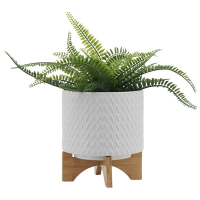 VisioGear Round Planter with Wooden Stand, Plant Pots for Living Room, Bedroom, White, 8"*8"*10"