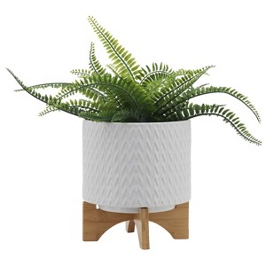 VisioGear Round Planter with Wooden Stand, Plant Pots for Living Room, Bedroom, White, 8"*8"*10" - 1 of 4