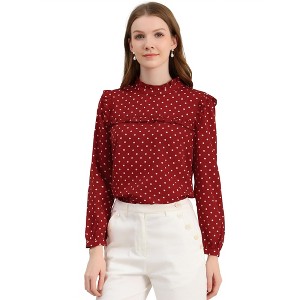 Allegra K Women's Vintage Ruffle Stand Collar Long Sleeves Polka Dots Blouse - 1 of 4