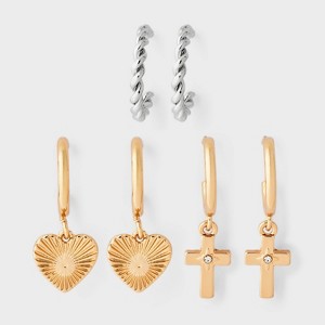Heart & Cross Twist Hoop Earring Set 3pc - Wild Fable™ Multicolor