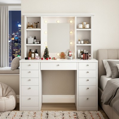 FONTOI 45.2"W Make Vanity Table Desk with Mirror 11 Drawers Hidden Wiring for Woman Makeup Dressing Room Bedroom, White, 45.28"*15.75"*59.06"