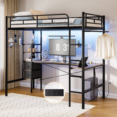 WOWLIVE Twin Size Loft Bed with Desk, Metal Frame Loft Bed with 2 Storage Drawers, LED Light and Charging Station