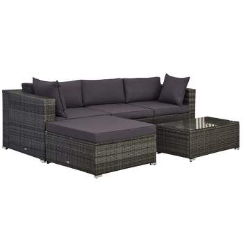 Outsunny 5-Piece Outdoor Sectional Furniture, Patio Sofa Set, PE Wicker Couch, Cushions, Pillows, Ottoman, Coffee Table