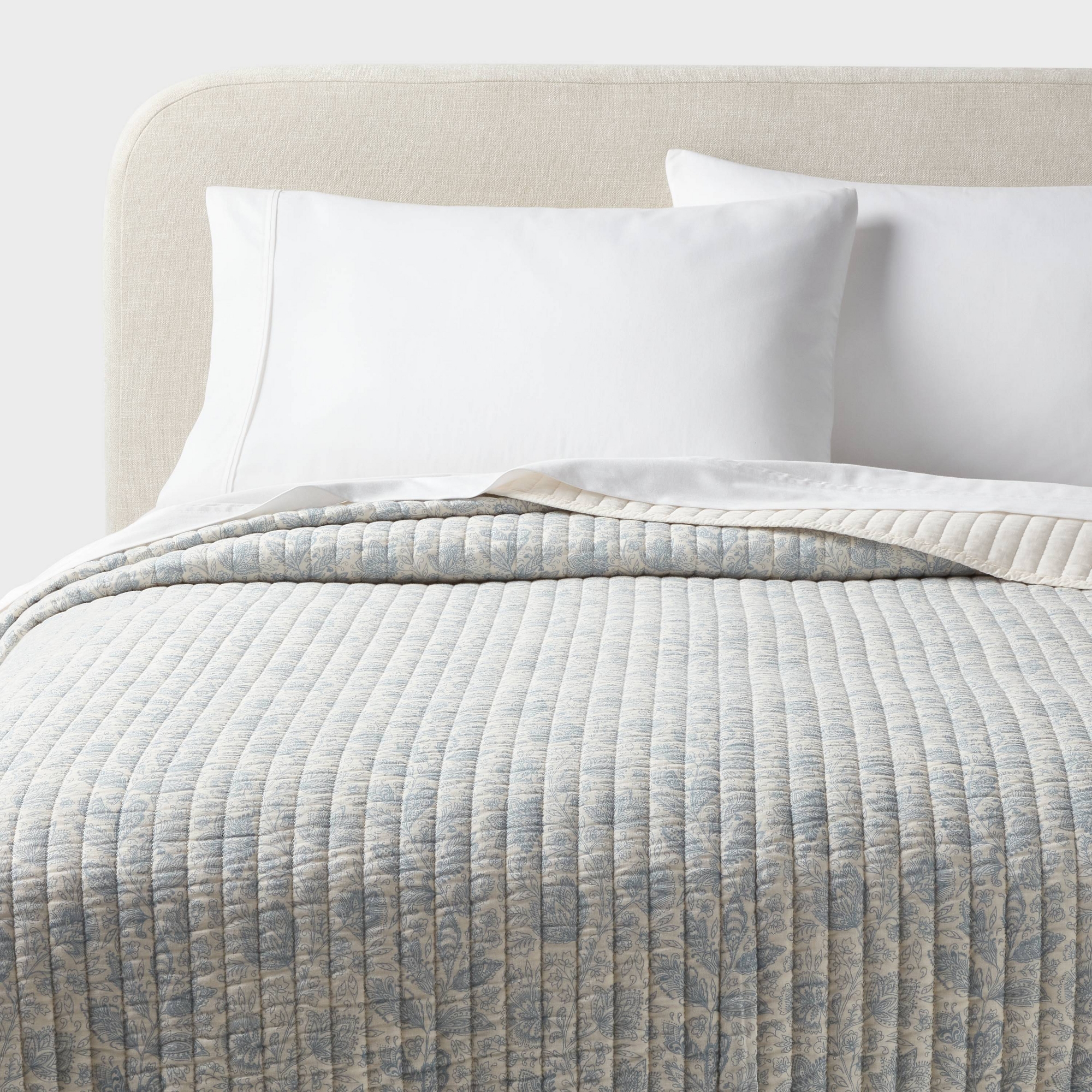 Full/Queen Printed Cotton Voile Tonal Floral Quilt Ivory/Sky Blue - Threshold™