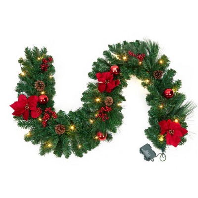 6 ft Prelit Christmas Garland, Lighted Winter Wall Hanging Garland with Red Flower,Artificial Xmas Greenery for Fireplace Mantle Indoor Outdoor Decor