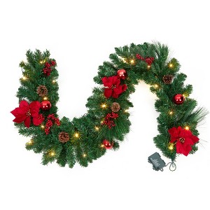 6 ft Prelit Christmas Garland, Lighted Winter Wall Hanging Garland with Red Flower,Artificial Xmas Greenery for Fireplace Mantle Indoor Outdoor Decor - 1 of 4