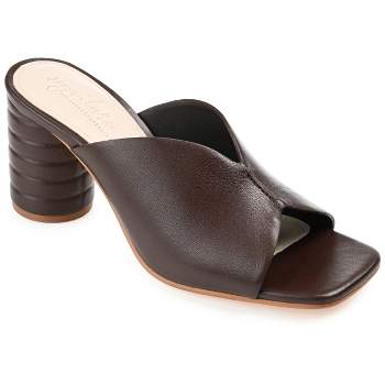 Journee Signature Womens Genuine Leather Karah Slip On Block Heel Open Square Toe Sandals
