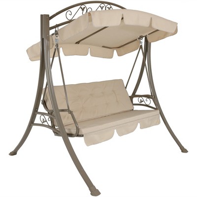 Sunnydaze Outdoor Deluxe 3-Person Patio Swing with Tilting Canopy Shade, Cushions and Side Tables, Beige