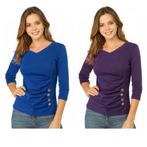 INSPIRE CHIC Women's V Neck 3/4 Sleeves Solid Knitted Buttons Decor Ruched Blouse 2 Packs - 1 of 4