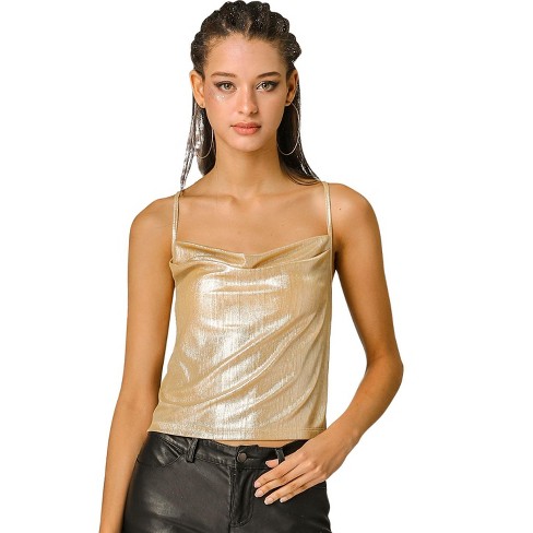 Allegra K Women's Metallic Glitter Spaghetti Strap Cowl Neck Sparkly  Camisole Top Gold X-Large