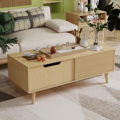 Belord Modern Boho Coffee Table with Storage, Living Room Accent Center Table with Fluted Sliding Doors, Natural Wood Finish
