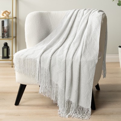 White Knit Textured Fleece Throw Blanket with Fringe Tassels