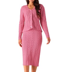 Seta T Women's Two Piece Outfit Fall Winter V Neck Cardigan And Midi Skirts Sweater Sets - 1 of 4