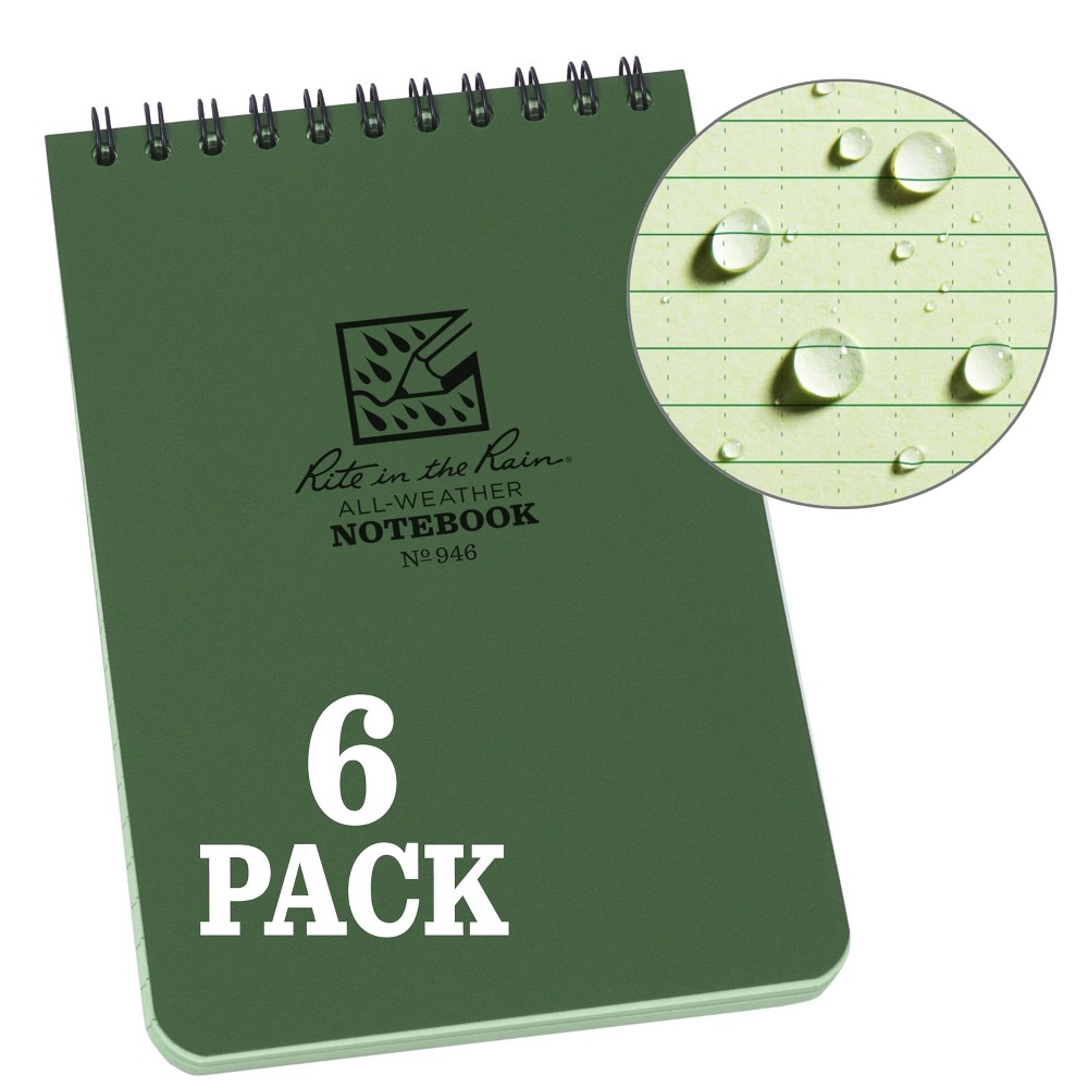 6pk Spiral Notebook 1 Subject Special Ruled 4" X 6" Green Rite In The Rain
