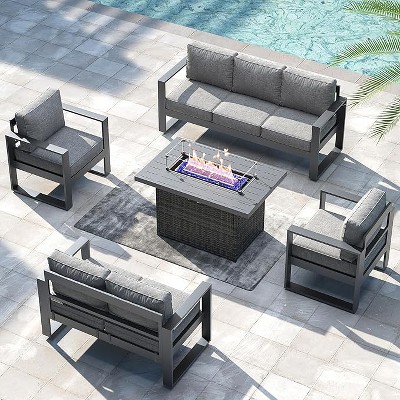 LayinSun 5 Pieces Aluminum Outdoor Patio Furniture Set, Metal Modern Conversation Sofa Set with Fire Pit Table and Washable Thick Cushions