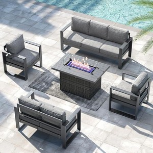LayinSun 5 Pieces Aluminum Outdoor Patio Furniture Set, Metal Modern Conversation Sofa Set with Fire Pit Table and Washable Thick Cushions - 1 of 4