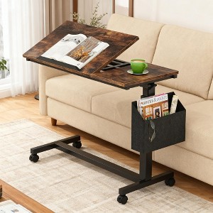 Gulches Height Adjustable C Shaped End Table (Rustic Brown) Mobile Sofa Table with Wheels, Tiltable Top and Side Pocket - 1 of 3