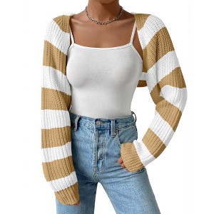 Women's Color Block Striped Bolero Shrug Sweater Long Sleeve Open Front Crop Cardigan Top White Khaki M - 1 of 2