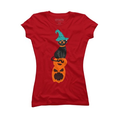 Junior's Design By Humans Halloween Pumpkins and Witch Cat By famenxt T-Shirt