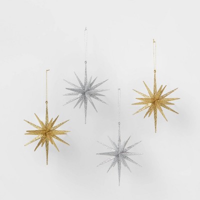 4pk Glitter Dimensional Spike Starburst Christmas Tree Ornament Gold/Silver - Wondershop™