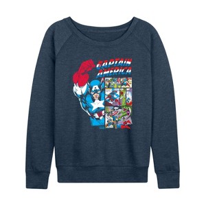 Women's - Marvel - Captain America Comic Panel Portrait Lightweight French Terry Wide Neck Long Sleeve Graphic Shirt - 1 of 4