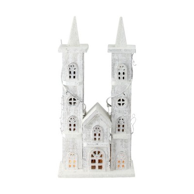 Northlight 15.75" White Pre-Lit LED Snowy Double Tower Church Christmas Decor