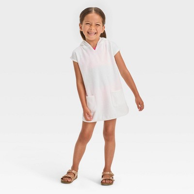 Image of Baby Girls' Towel Terry Hooded Cover Up Dress - Cat & Jack™ White 12M: UPF 50+ Sun Protection, Cotton Blend, Machine Washable