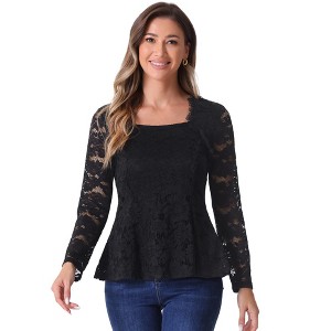 Allegra K Women's Lace Square Neck Long Sleeve Stertch Elegant Casual Peplum Blouse - 1 of 4