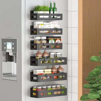 Attop 6-Pack Black Magnetic Spice Rack for Refrigerator – Moveable Shelf Organizer with 4 Hooks for Kitchen/Oven