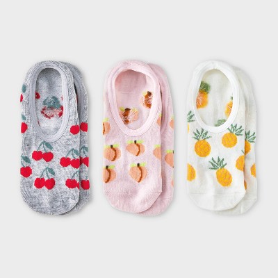 Women's Mixed Fruits 3pk Liner Socks - Heather Gray/Ivory/Purple 4-10: Recycled Polyester, Hidden Gel Heel Grip, Knit Fabric
