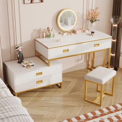 Vanity Table With Movable Side Cabinet And Drawers,Large Size Makeup Table Vanity With LED Light Mirror,Makeup Table With Stool-Cuddlewood