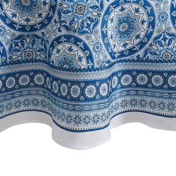 Vietri Medallion Blue Block Print Stain & Water Resistant Indoor/Outdoor Tablecloth - Elrene Home Fashions