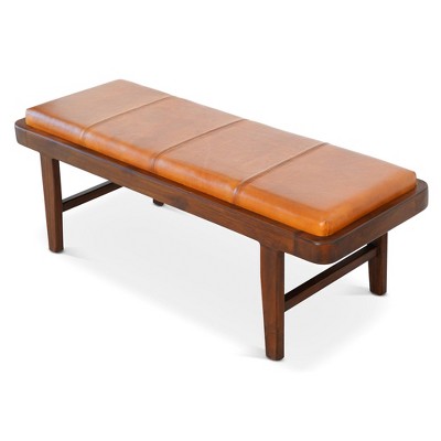TiramisuBest Mid Century Modern Tan Leather Bench - Brown, Tan Genuine Leather, Solid Wood Entryway Bench, 16.1L x 47.5W