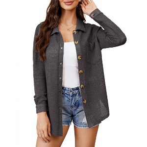 Coolmee Women's Waffle Knit Button Down Shirts Casual Long Sleeve Shacket Jacket Dressy Blouses Tops - 1 of 4