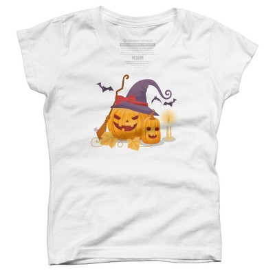Girl's Design By Humans Halloween Witch Pumpkins With Bats By VectorVillain T-Shirt