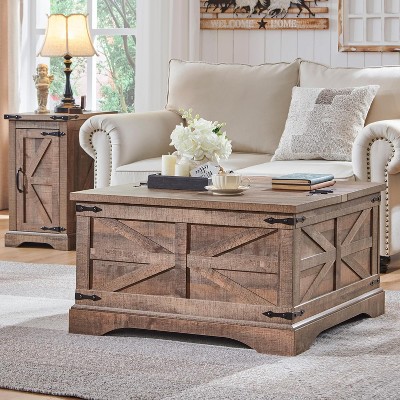 SinCiDo Farmhouse Square Coffee Table, Lift Top Wooden Center Table w/Hidden Storage for Living Room & Home