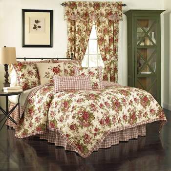 4pc King Floral Norfolk Reversible Quilt Set   Cream/Red/Green - Waverly