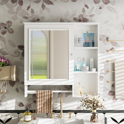 Bathroom Medicine Cabinet With Single Mirror Door, Wall Mounted Storage Cabinet With Mirror Door And Adjustable Shelf, 3 Open Fixed Shelves