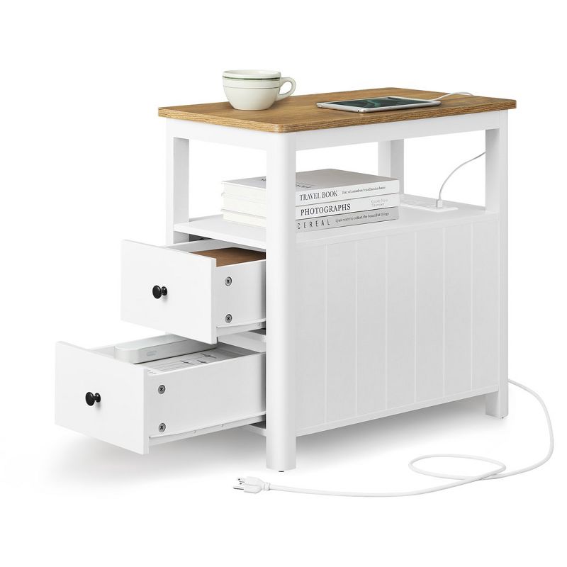 VASAGLE Side Table with Charging Station, Narrow Nightstand with 2 Drawers, Living Room End Table with Storage, 2 of 11